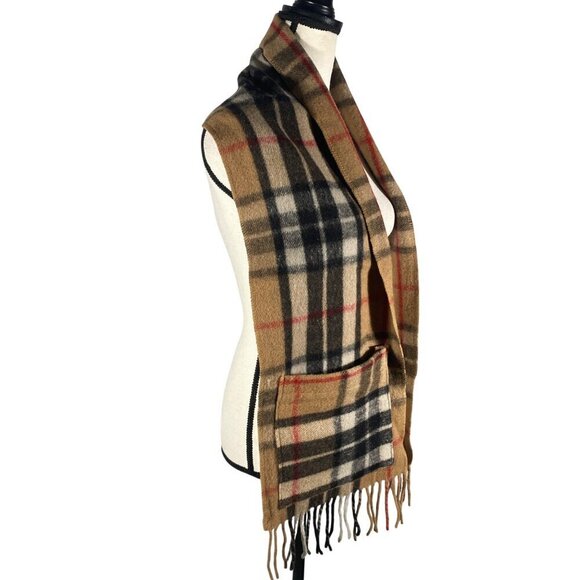 Patrick King woolen plaid fringed pocket shawl wrap scarf neutrals unisex preppy - Picture 1 of 8